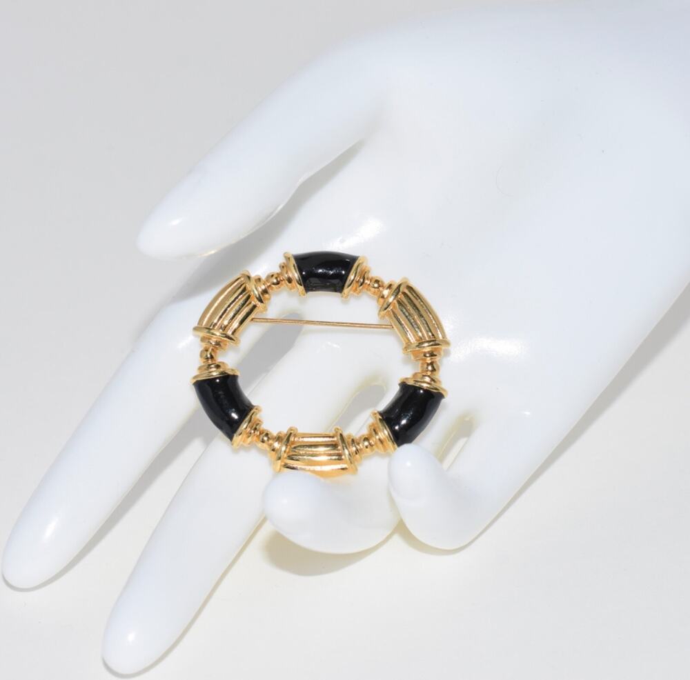 Monet Gold Black Enamel Circle Statement Pin Brooch